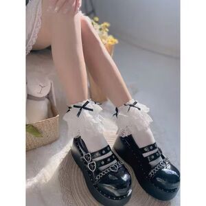 Double Lace Ruffle with Black Bow Mid Calf socks Japanese Style Women's NEW
